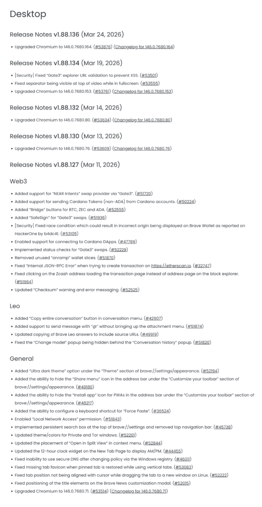 Brave Browser changelog 2026
